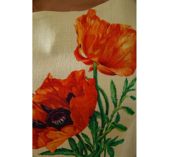 Короткое платье из льна, с цветами Маки, цвет Лимонный, 172R019-1 оптом