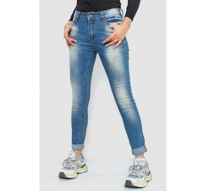 Джинсы женские с потертостями, цвет синий, 244RS06