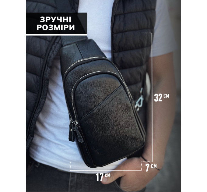 Сумка-слинг мужская через плече 17х32х8, бананка из натуральной кожи TIDING BAG A25F-515-1A черная