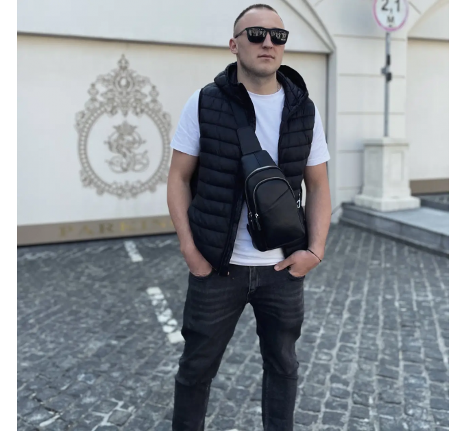 Сумка-слинг мужская через плече 17х32х8, бананка из натуральной кожи TIDING BAG A25F-515-1A черная