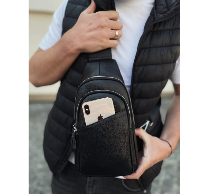 Сумка-слинг мужская через плече 17х32х8, бананка из натуральной кожи TIDING BAG A25F-515-1A черная