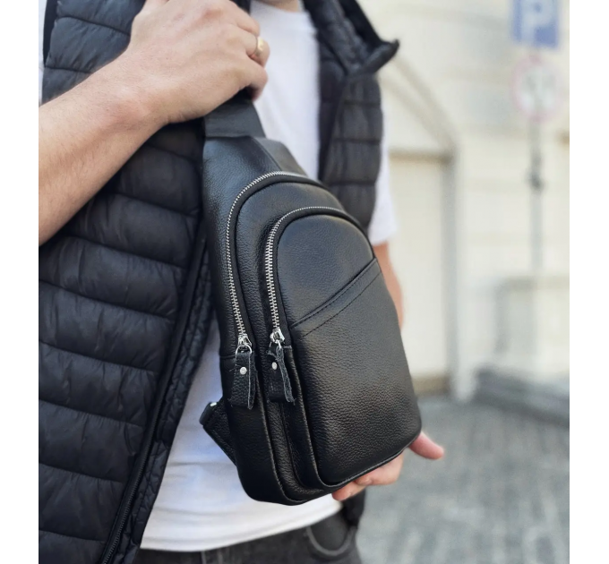 Сумка-слинг мужская через плече 17х32х8, бананка из натуральной кожи TIDING BAG A25F-515-1A черная
