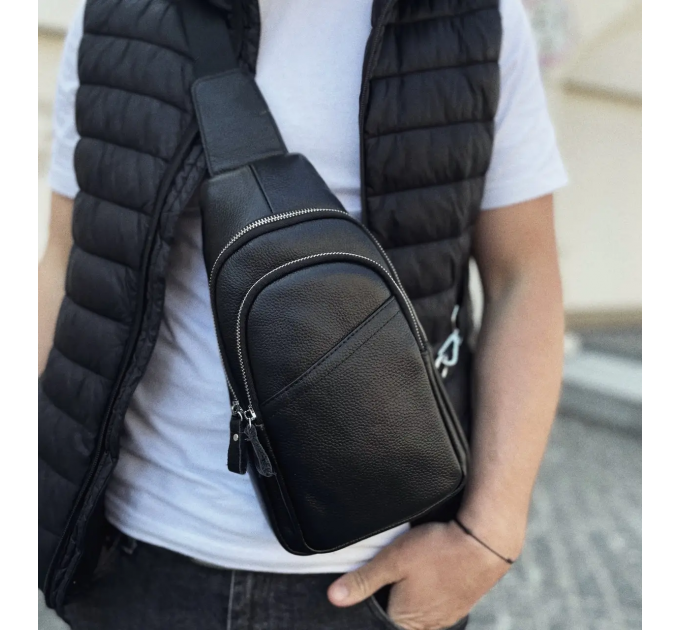 Сумка-слинг мужская через плече 17х32х8, бананка из натуральной кожи TIDING BAG A25F-515-1A черная