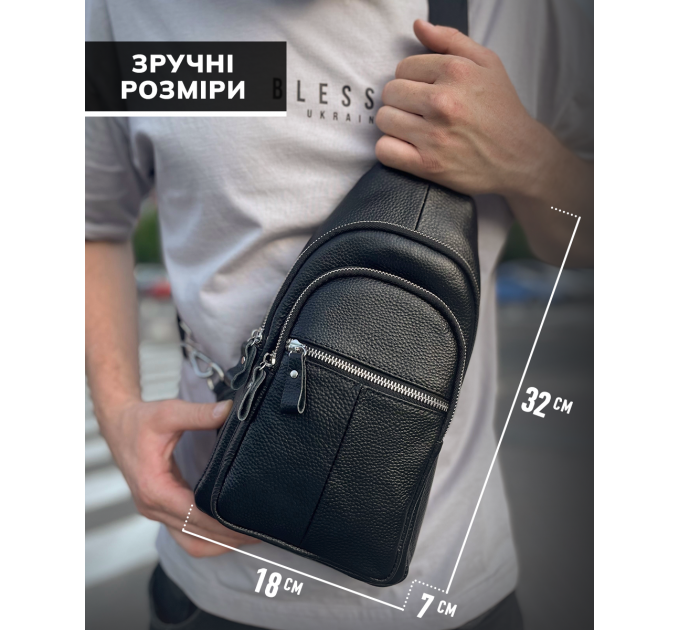 Чоловічий нагрудний шкіряний слінг 18х32х7, сумка-рюкзак через плече TIDING BAG-MK 83423 чорна