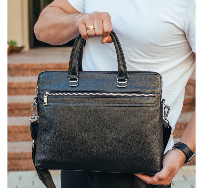 Шкіряна чоловіча ділова сумка 38x29x8, папка портфель для роботи  Tiding Bag 30987 чорна