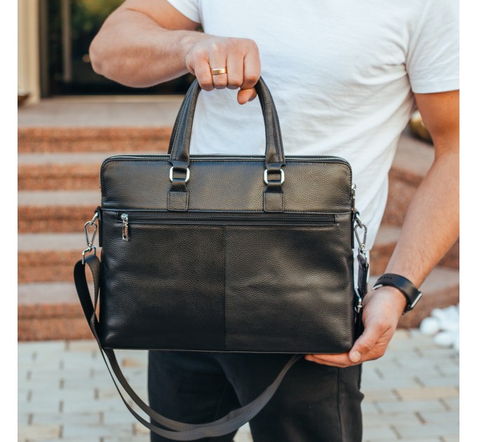 Шкіряна чоловіча ділова сумка 38x29x8, папка портфель для роботи  Tiding Bag 30987 чорна