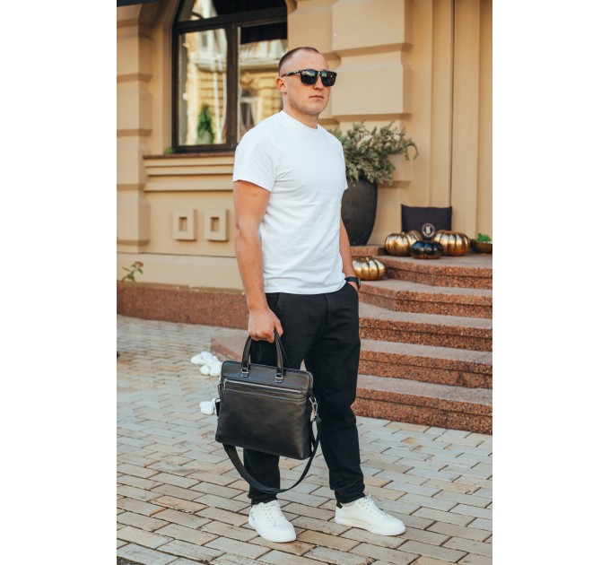 Шкіряна чоловіча ділова сумка 38x29x8, папка портфель для роботи  Tiding Bag 30987 чорна