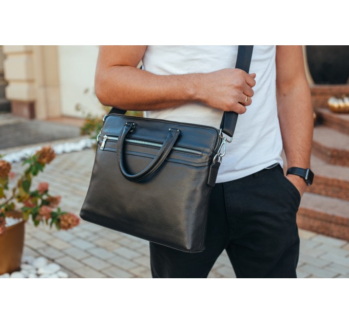 Шкіряна чоловіча ділова сумка 38x29x8, папка портфель для роботи  Tiding Bag 30987 чорна