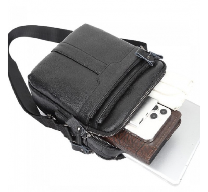 Шкіряна чоловіча сумка-барсетка 21х25х6, месенджер з ручкою Tiding Bag 73957 чорна