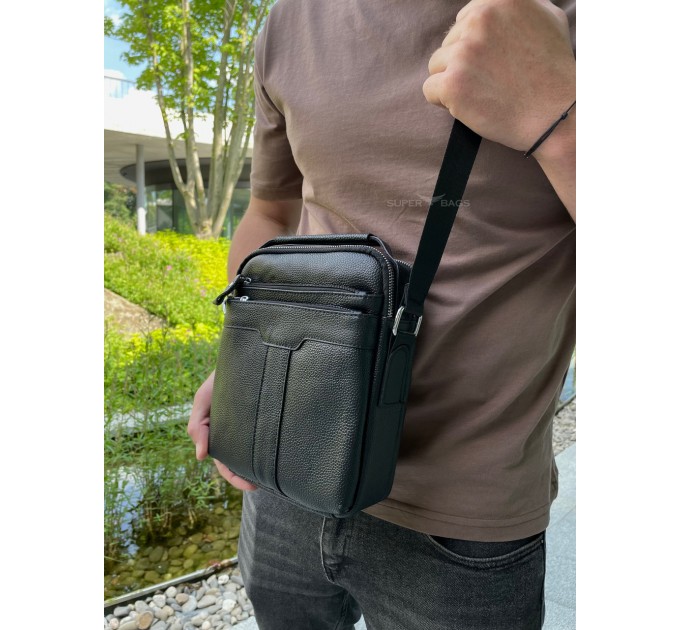 Шкіряна чоловіча сумка-барсетка 21х25х6, месенджер з ручкою Tiding Bag 73957 чорна