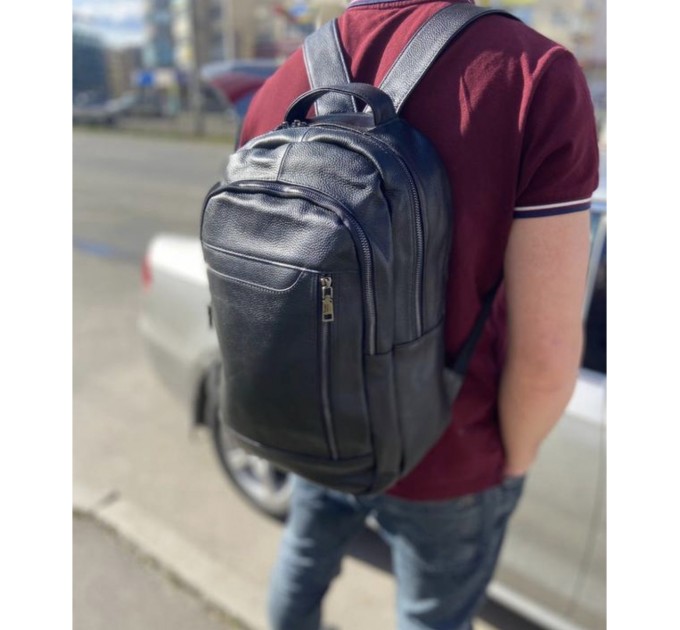 Городской мужской кожаный рюкзак 28х42х18, сумка на плечи для ноутбука Tiding Bag B2-03555A, черная