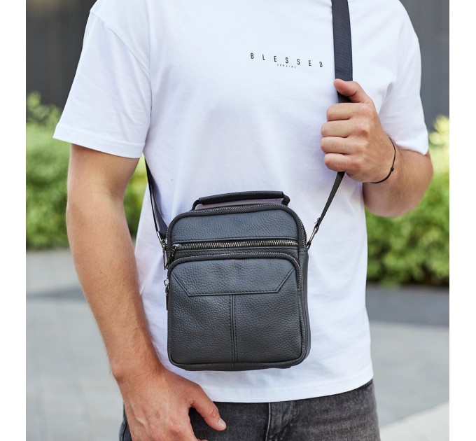 Чоловічий шкіряний месенджер 18x22x8, сумка планшет через плече Tiding Bag A25F-1519A чорний