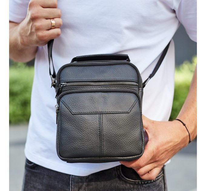 Чоловічий шкіряний месенджер 18x22x8, сумка планшет через плече Tiding Bag A25F-1519A чорний