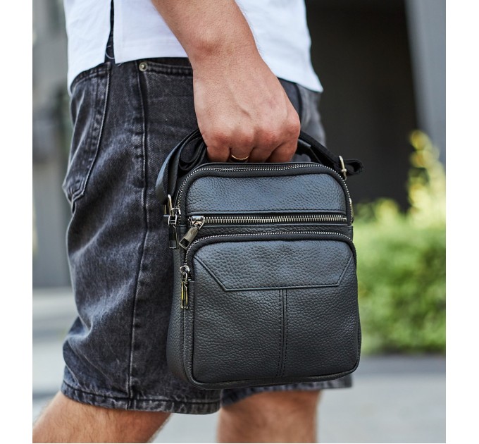 Чоловічий шкіряний месенджер 18x22x8, сумка планшет через плече Tiding Bag A25F-1519A чорний