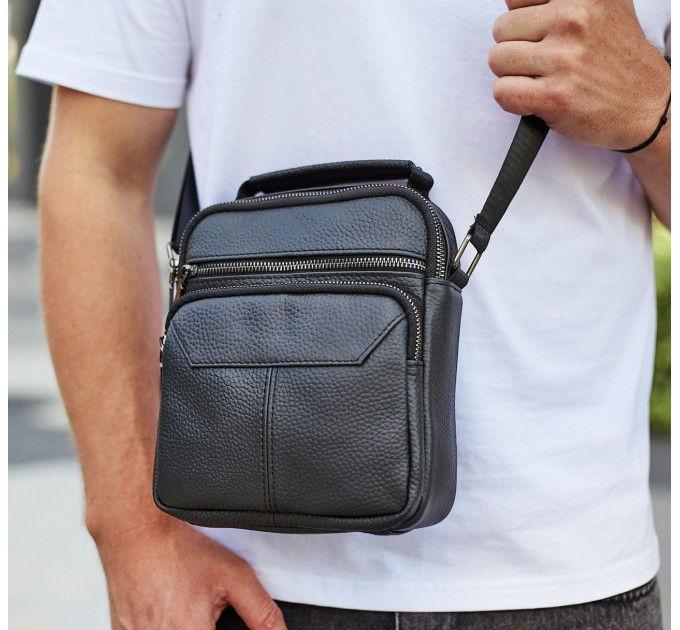 Чоловічий шкіряний месенджер 18x22x8, сумка планшет через плече Tiding Bag A25F-1519A чорний