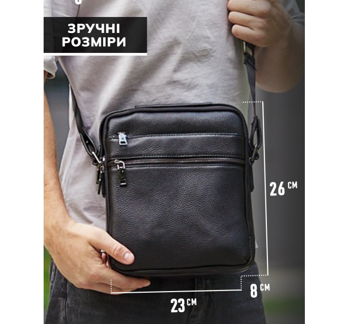 Чоловіча шкіряна сумка через плече 23х26х8, барсетка для телефону та документів Tiding Bag 711511 чорна