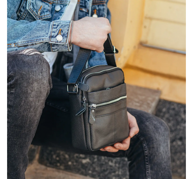 Сумка-барсетка мужская 19х22х5, мессенджер через плечо кожаная Tiding Bag BON6165 черный