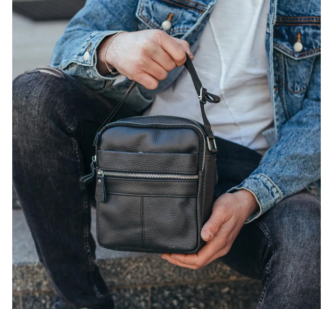 Сумка-барсетка мужская 19х22х5, мессенджер через плечо кожаная Tiding Bag BON6165 черный