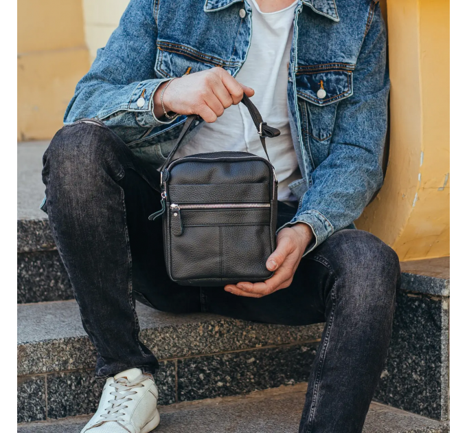 Сумка-барсетка мужская 19х22х5, мессенджер через плечо кожаная Tiding Bag BON6165 черный