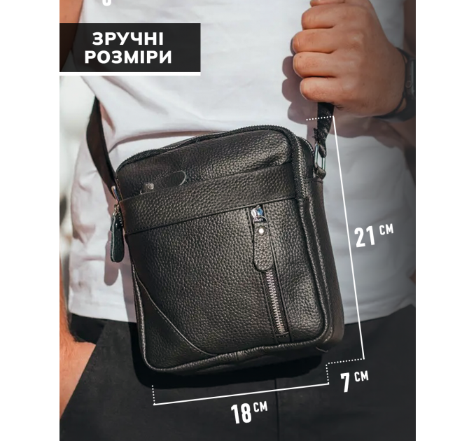 Чоловіча шкіряна сумка через плече 18х21х7, барсетка для документів Tiding Bag M38-10131A чорна