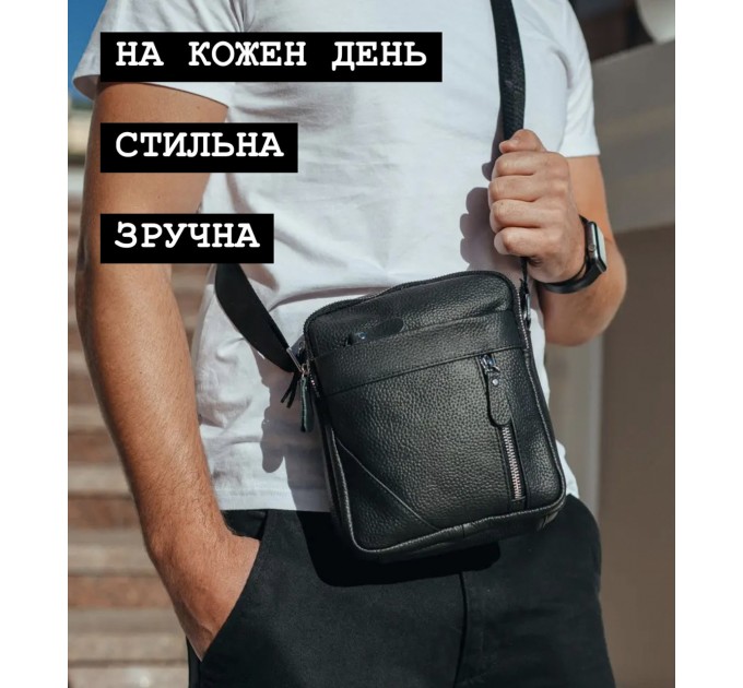 Чоловіча шкіряна сумка через плече 18х21х7, барсетка для документів Tiding Bag M38-10131A чорна