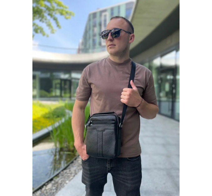 Чоловіча шкіряна сумка-месенджер 21х25х6, барсетка через плече Tiding Bag A25-3278A Чорна
