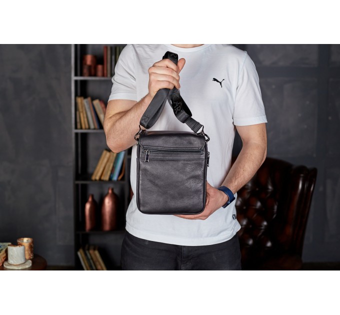 Месенджер із клапаном через плече 24х20х6, шкіряна барсетка Tiding Bag TD-20033 чорна