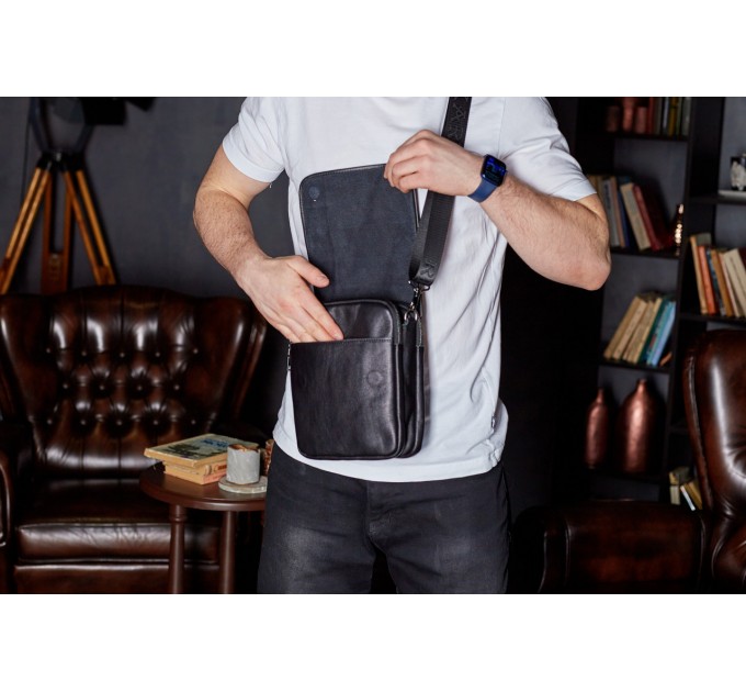 Месенджер із клапаном через плече 24х20х6, шкіряна барсетка Tiding Bag TD-20033 чорна