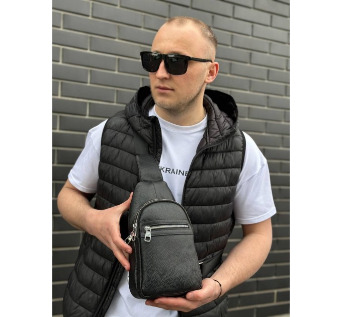 Чоловіча сумка-бананка через плече 18х32х7, рюкзак унісекс на груди з натуральної шкіри TIDING BAG 3280 чорний
