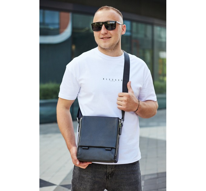 Кожаная мужская сумка-месенджер 21x24x6, барсетка из натуральной кожи Tiding Bag 9389 черная
