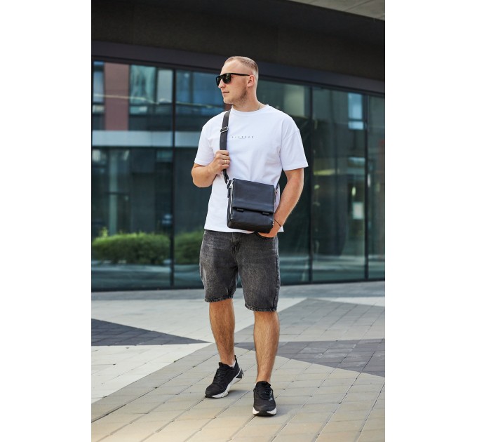Кожаная мужская сумка-месенджер 21x24x6, барсетка из натуральной кожи Tiding Bag 9389 черная