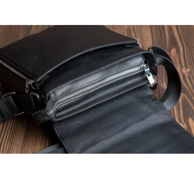 Кожаная мужская сумка-месенджер 21x24x6, барсетка из натуральной кожи Tiding Bag 9389 черная