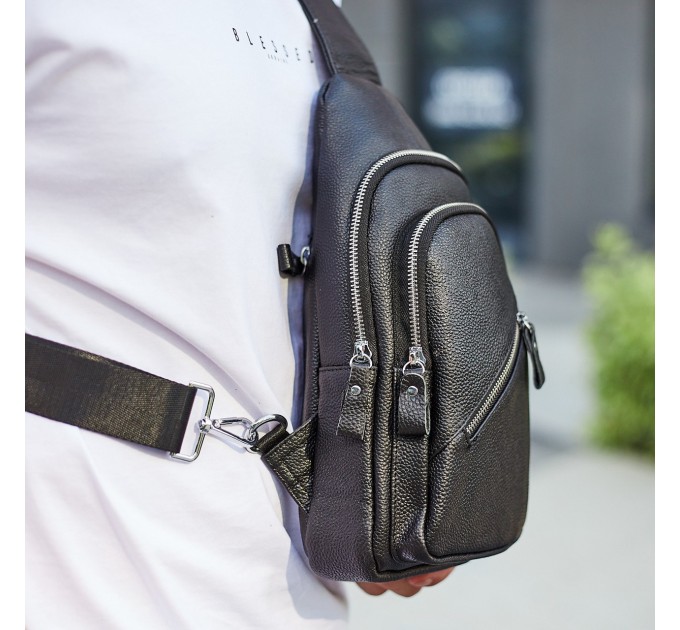 Мужской слинг через плечо 18х32х7, кожаная нагрудная бананка, сумка рюкзак Tiding Bag 33737 черная