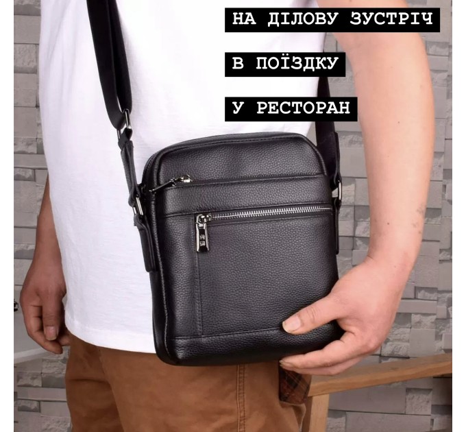 Шкіряна чоловіча сумка-барсетка через плече з ручкою чорна Tiding Bag 78465
