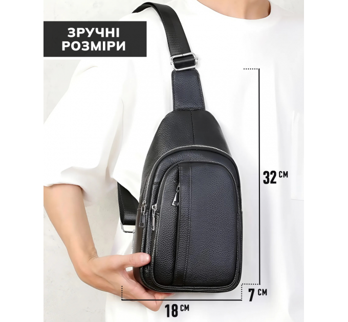 Чоловіча шкіряна сумка-бананка на одне плече 18х32х7, рюкзак слінг для телефону та дрібниці TIDING BAG 83228 чорний