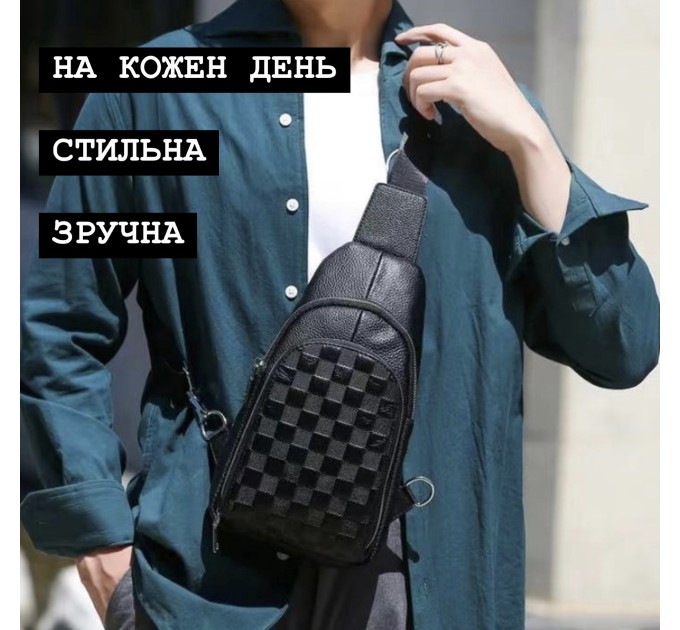 Чоловічий рюкзак на одне плече 18х31х6, шкіряний слінг, чорний